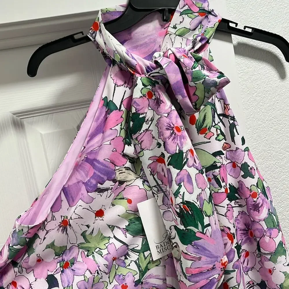 Badgley Mischka Elise Georgette Floral Turtleneck Trapeze Mini Dress Size 4 - Picture 5 of 5